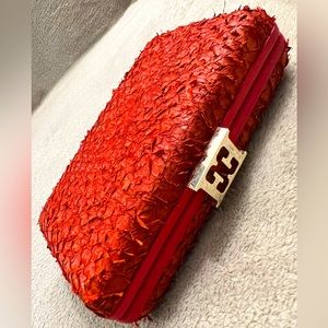 Escada Foliage Textured Red Clutch with hidden gold chain